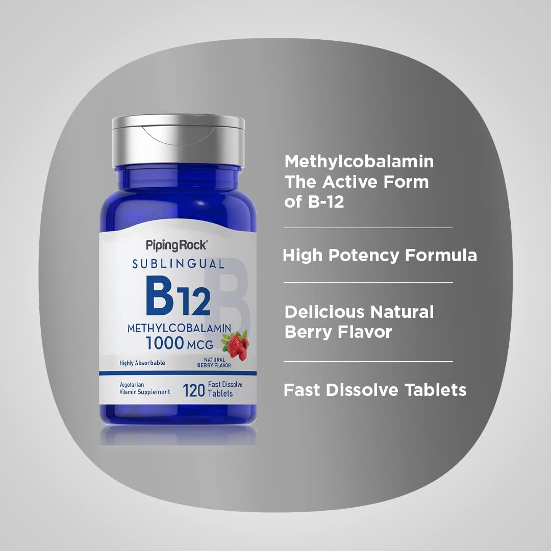Piping Rock Sublingual B12 Methylcobalamin 1000mcg Natural Berry Flavor 120 Tablets