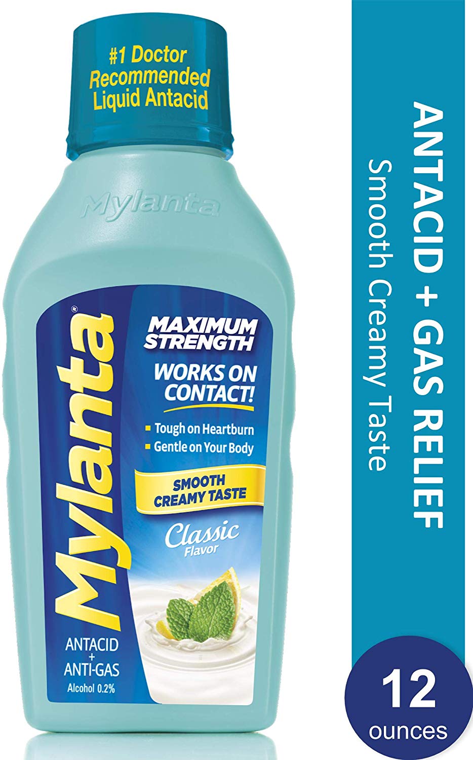 Mylanta Maximum Strength Antacid + Anti - Gas Alcohol 0.2% Smooth Creamy Taste Classic Flavor 12 Oz