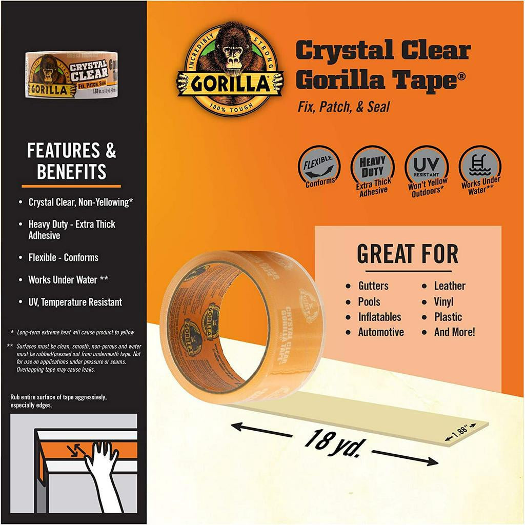 Gorilla Crystal Clear Fix Patch & Seal Gorilla Tape Incredibly Strong - 1.8inch x 18yd