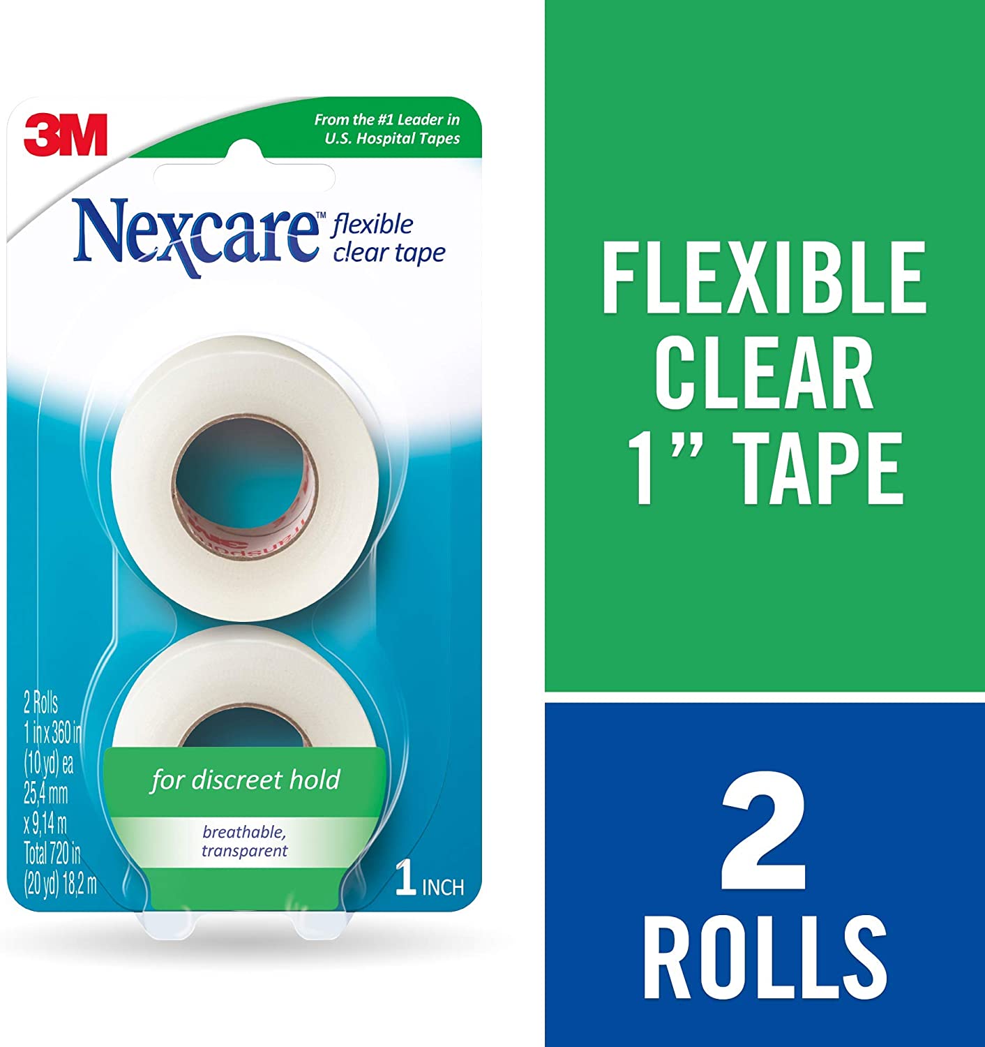 Nexcare Flexible Clear First Aid Tape 1 Inch, 2 Rolls