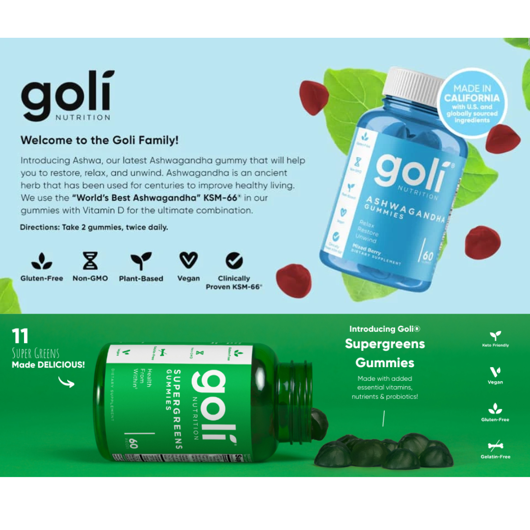 Goli 2 Pack Ashwagandha and Supergreens, 60 Gummies
