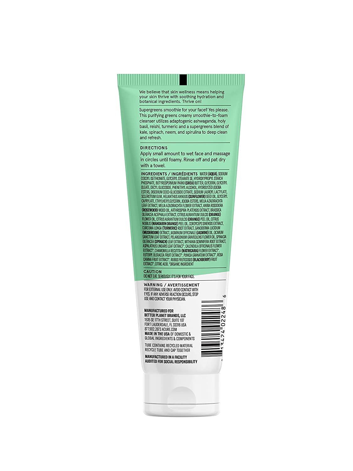 ACURE Ultra Hydrating Green Juice Facial Cleanser Adaptogens & Supergreens Smoothie, 4 fl.oz / 118ml