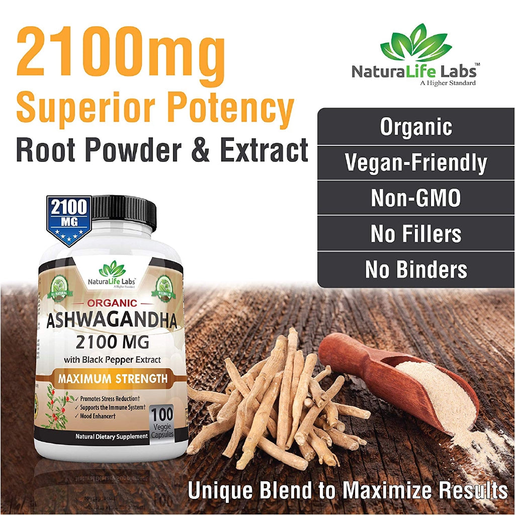 NaturaLife Labs Organic Ashwagandha 2,100 mg 100 Veggie Capsules