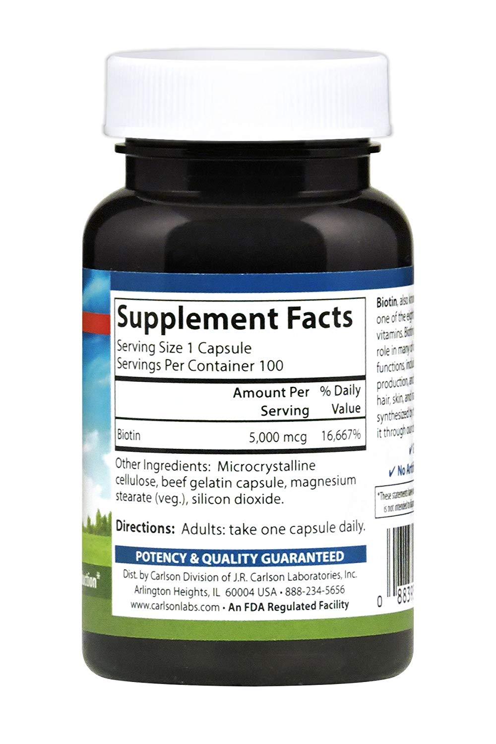 Carlson Biotin 5 mg / 5000 mcg 100 Capsules for Healthy Hair, Skin, Nails