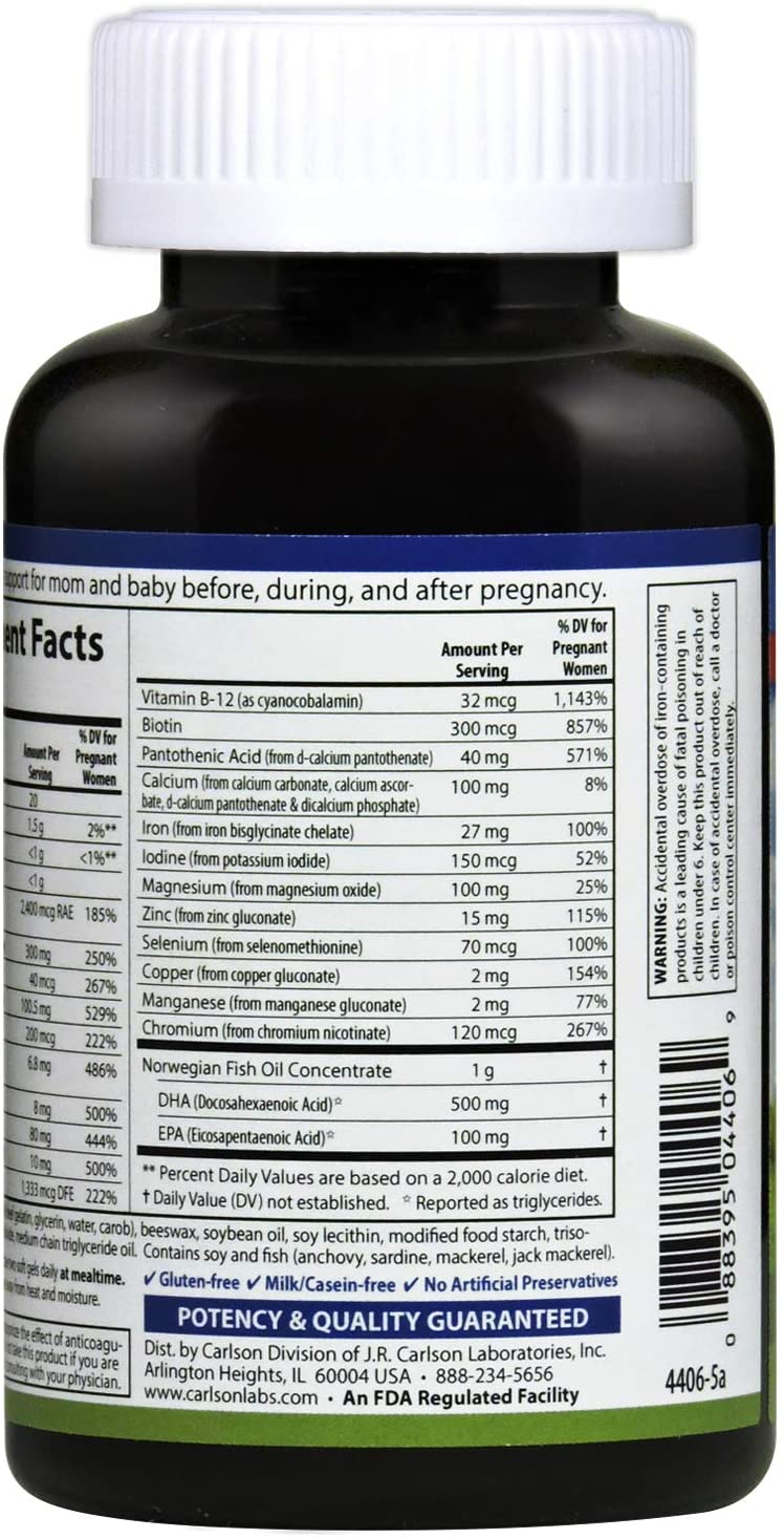 Carlson Prenatal Multivitamins with DHA and Vitamin D3, 60 Softgels Pregnancy Health