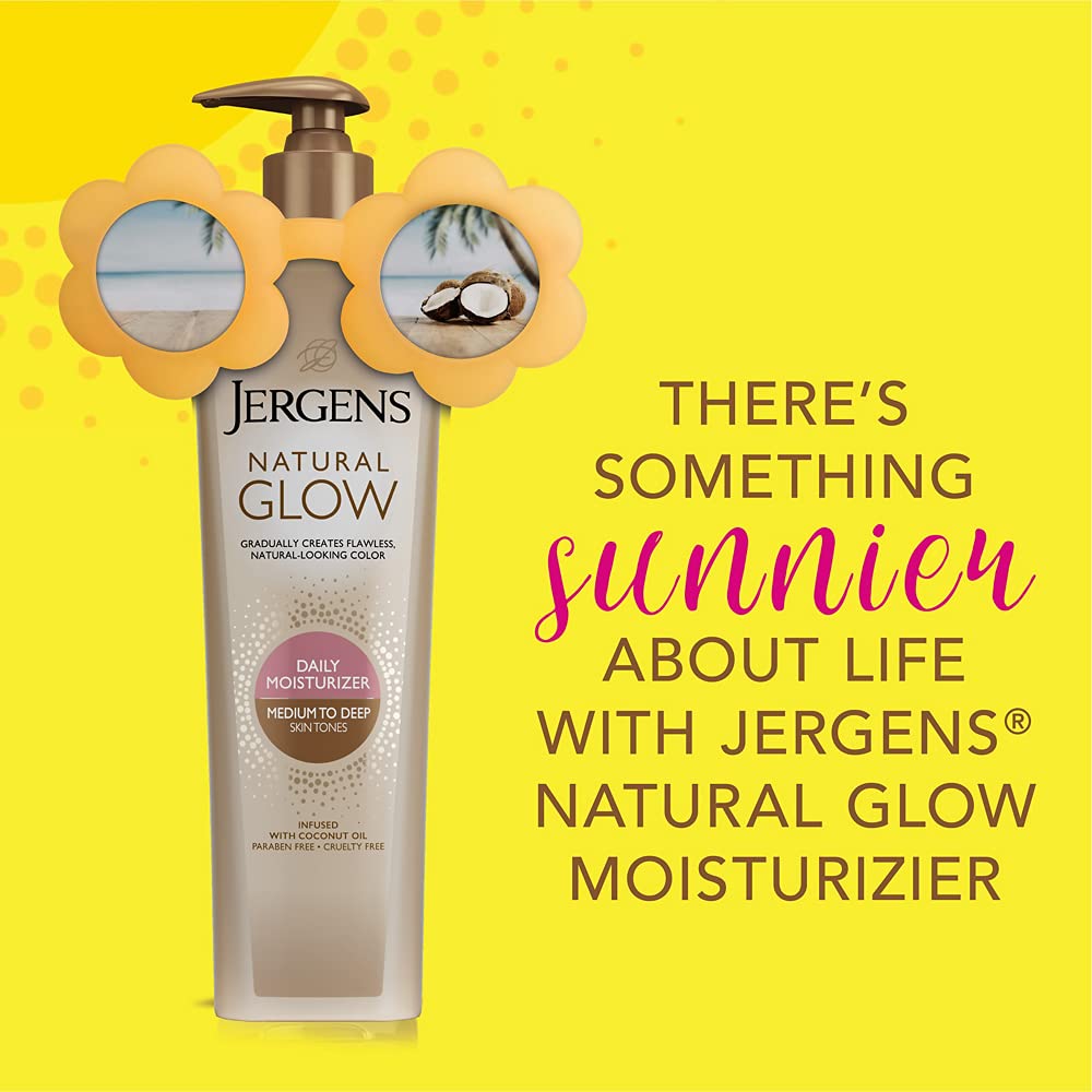 Jergens Natural Glow Daily Moisturizer Self Tanner Lotion for Medium to Deep Skin Tones Infused with Coconut Oil, 10 fl.oz / 295 ml