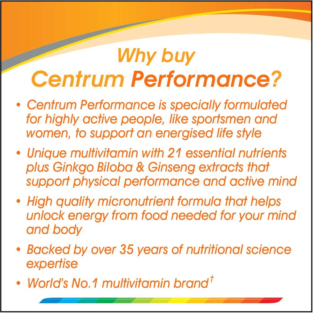 Centrum Performance Daily Multivitamin/Multimineral with Ginseng & Ginkgo Biloba, 60 Tablets