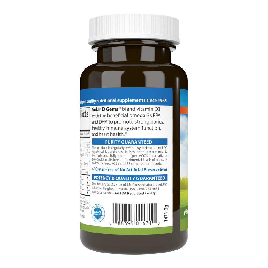 Carlson Solar D Gems 2,000 IU (50 mcg) Vitamin D3 + Omega-3s Natural Lemon Flavor 120 Soft Gels for Bone Support, Immune Function & Heart Health