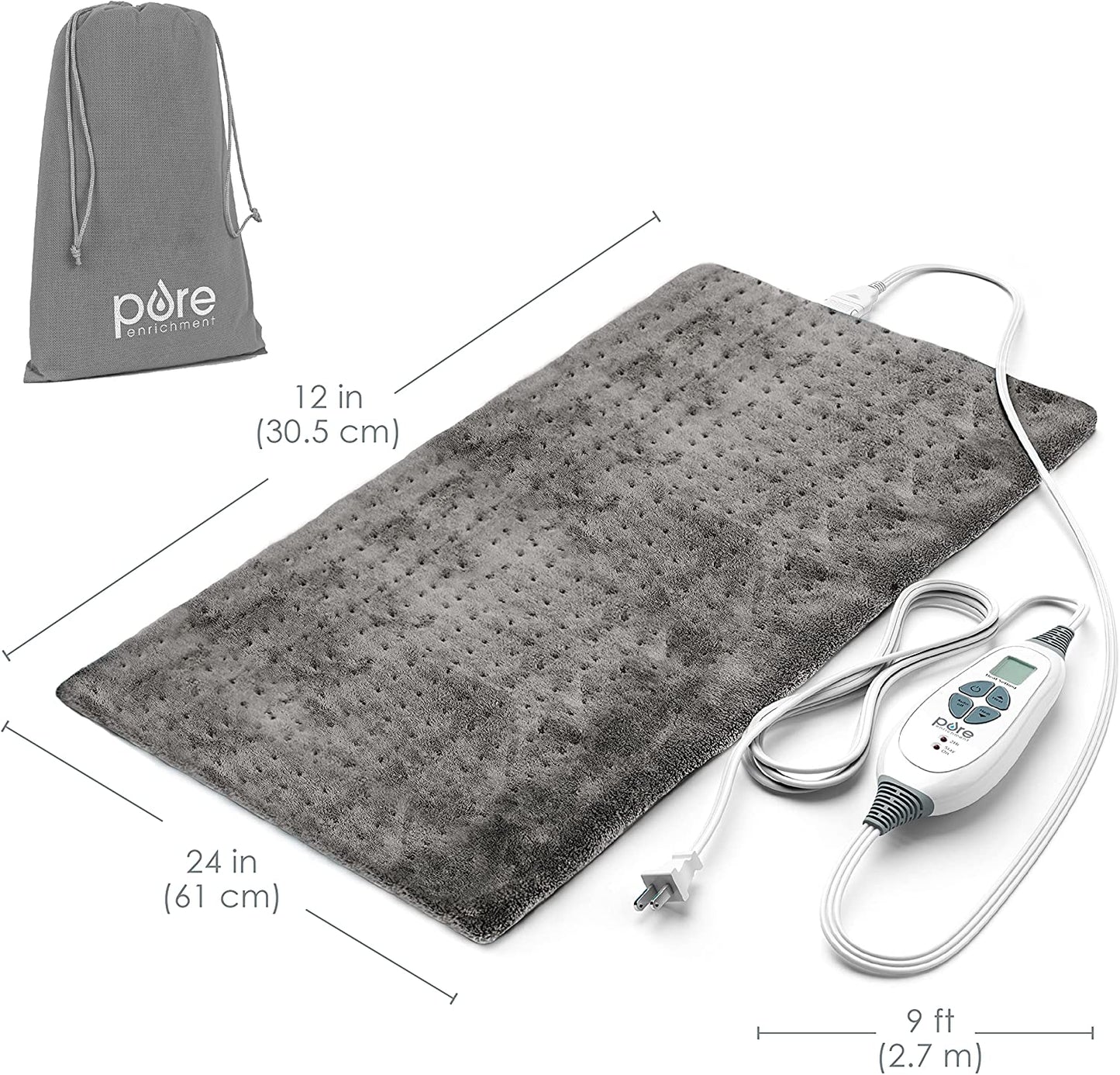 Pure Enrichment PureRelief XL (12" x 24") Electric Heating Pad for Back Pain and Cramps Ultra-Soft with 6 InstaHeat Settings & 2-Hour Auto Shut-Off