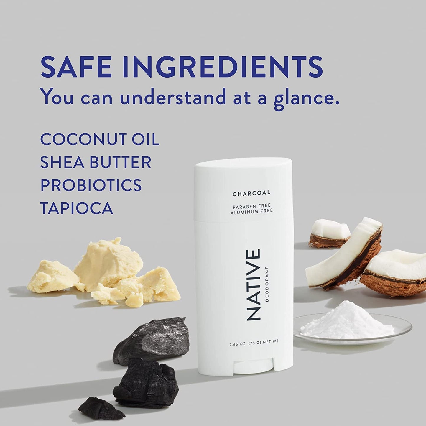 Native Deodorant Women and Men Aluminum Free Probiotics Coconut Oil Shea Butter, Charcoal 2.95 oz