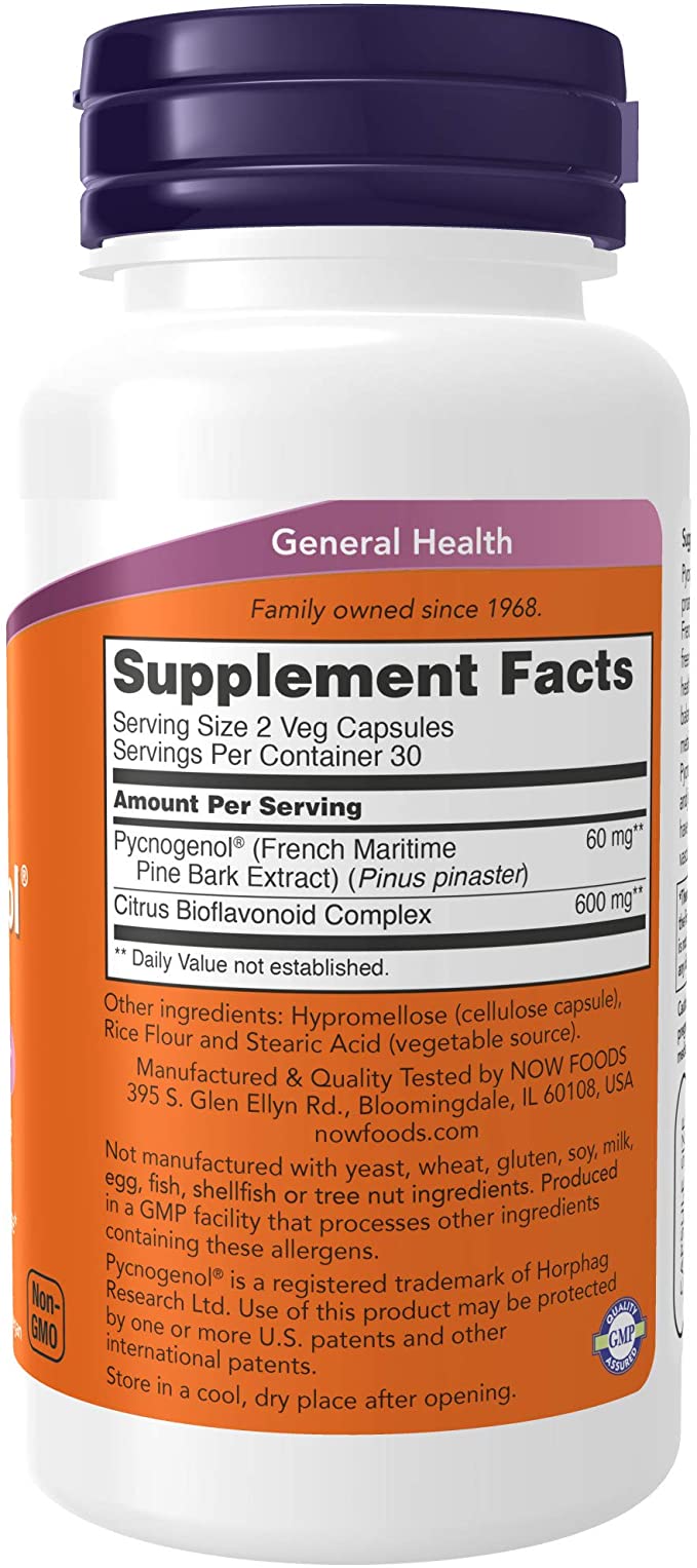NOW Supplements, Pycnogenol 30 mg (a Unique Combination of Proanthocyanidins from French Maritime Pine) with 300 mg Bioflavonoids, 60 Veg Capsules