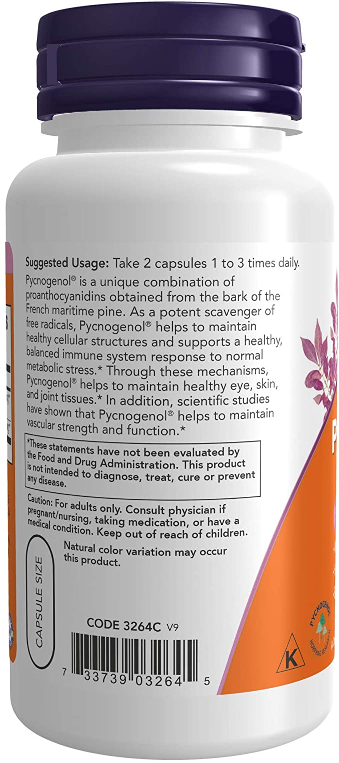 NOW Supplements, Pycnogenol 30 mg (a Unique Combination of Proanthocyanidins from French Maritime Pine) with 300 mg Bioflavonoids, 60 Veg Capsules