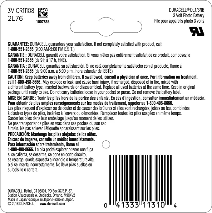 Duracell Lithium 1/3N 3V CR11108 2L76 Battery 1 Pile