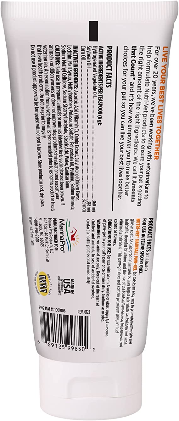 Nutri-Vet Nutrivet Feline Paw Gel, 3 oz Hairball (Chicken)