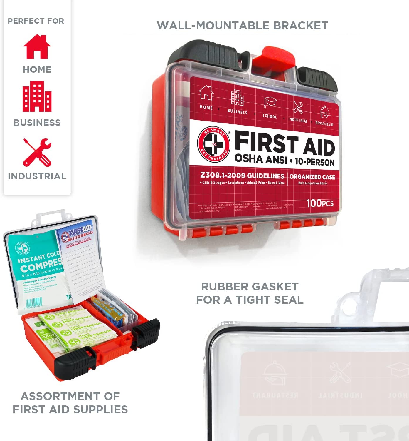 Be Smart Get Prepared 100Piece First Aid Kit, Exceeds OSHA Ansi Standards for 10 People - Office, Home, Car, School, Emergency, Survival, Camping, Hunting, & Sports