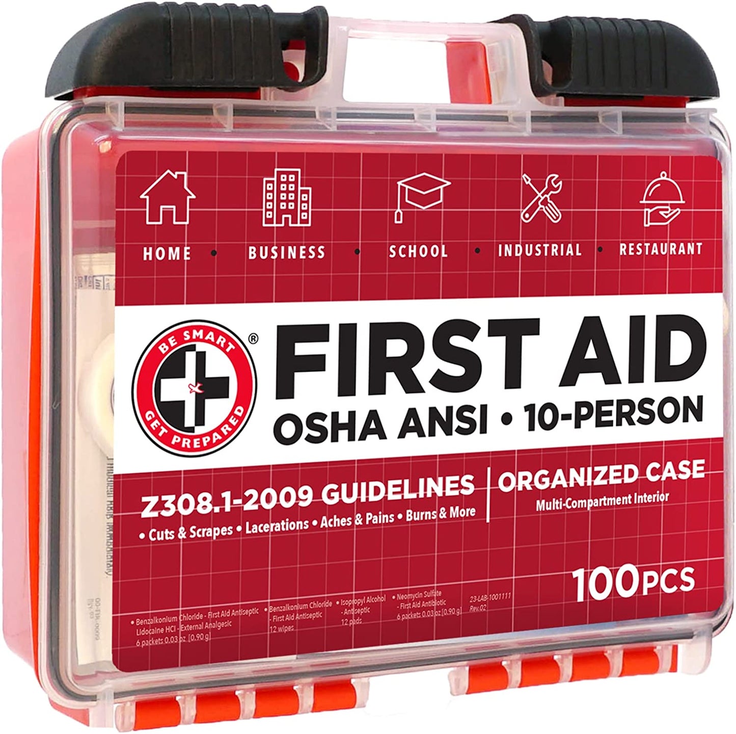Be Smart Get Prepared 100Piece First Aid Kit, Exceeds OSHA Ansi Standards for 10 People - Office, Home, Car, School, Emergency, Survival, Camping, Hunting, & Sports