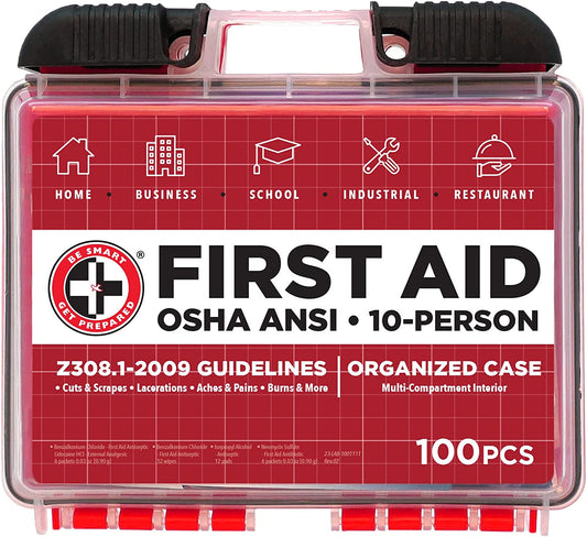 Be Smart Get Prepared 100Piece First Aid Kit, Exceeds OSHA Ansi Standards for 10 People - Office, Home, Car, School, Emergency, Survival, Camping, Hunting, & Sports