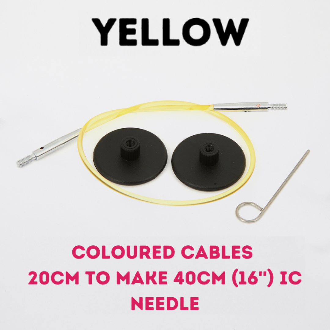 KnitPro Coloured Cables with 1 Cable Key & 2 End Caps 20cm to make 40cm (16'') IC Needle - Yellow (10631)