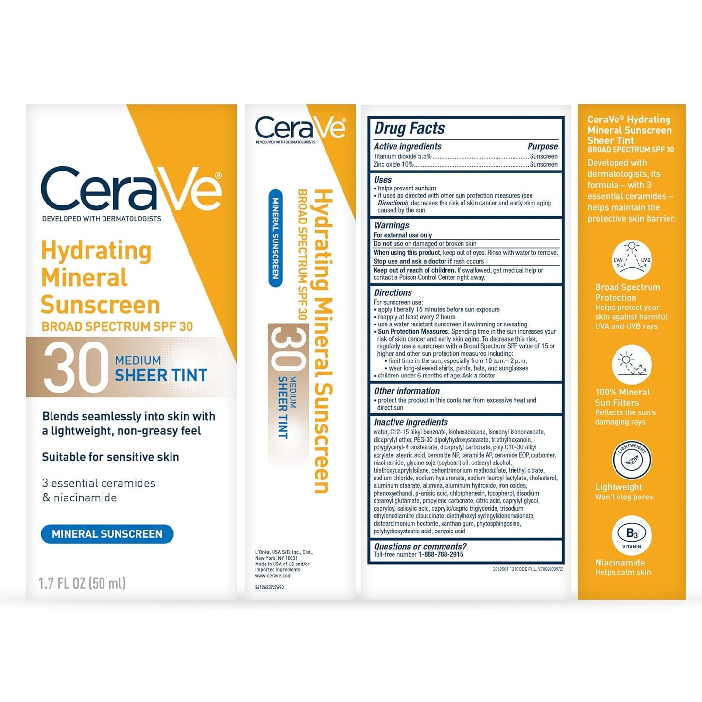 CeraVe Hydrating Mineral Sunscreen SPF 30 with 3 Essential Ceramides & Niacinamide, Sheer Tint, 1.7 fl.oz / 50ml