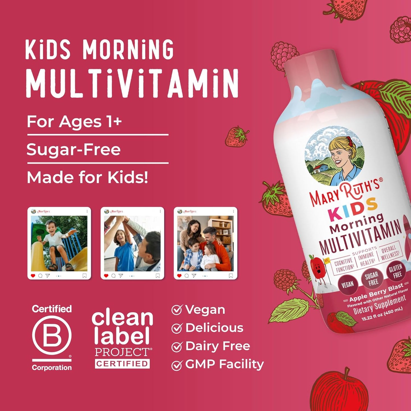 MaryRuth's Kids Morning Multivitamin Dietary Supplement, Apple Berry Blast Flavor, 450 ml / 15.22 fl oz