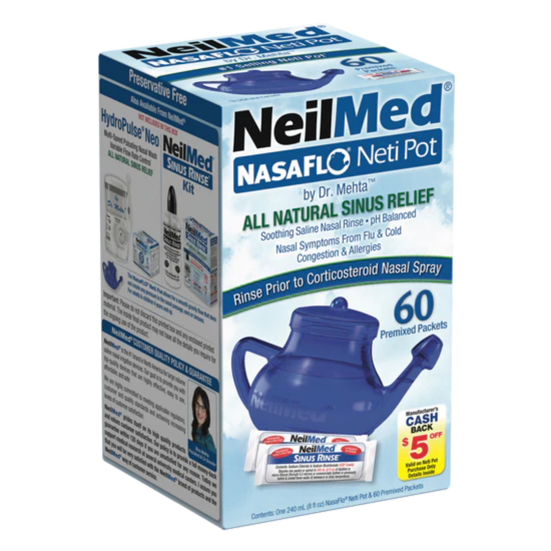 NeilMed NasaFlo Neti Pot All Natural Sinus Relief With 50 Premixed Packets