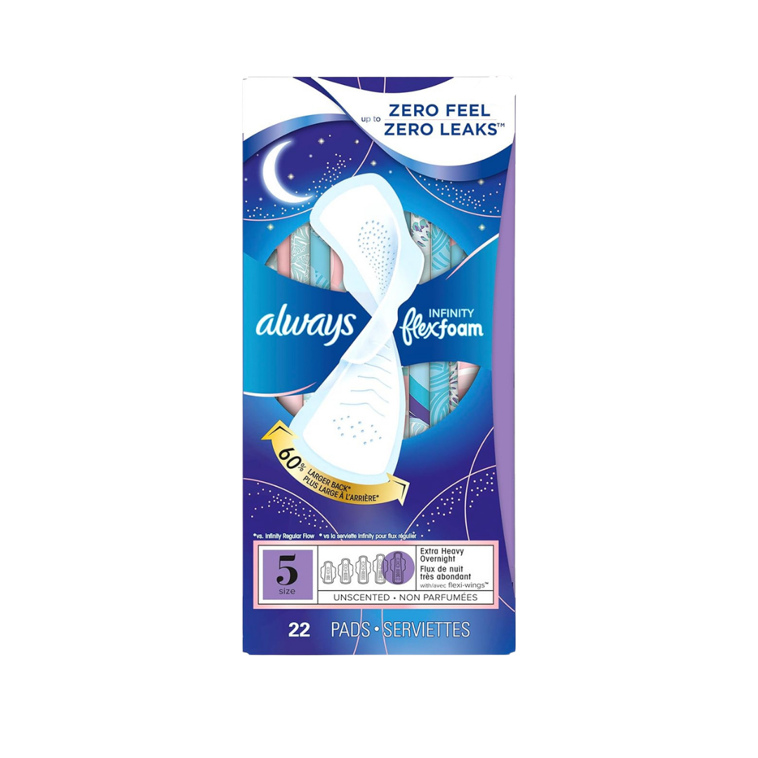 Always Infinity Flexfoam Pads With Wings, Size 5, Extra Heavy Overnight Absorbency, Unscented, 22 Pads