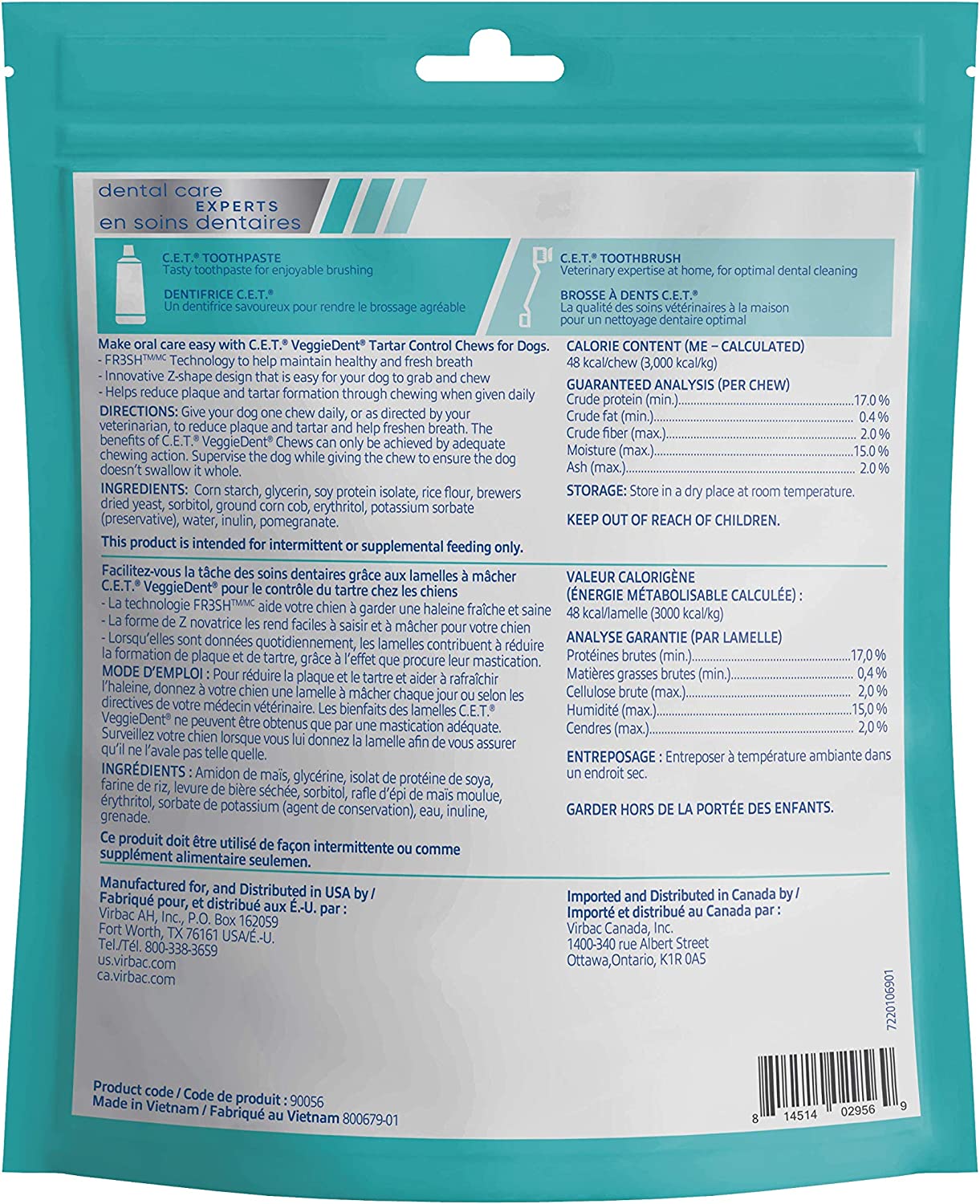 EXP 09/2025 Virbac C.E.T Veggiedent Fresh Tartar Control Chews For Dogs 30 Chews 456g