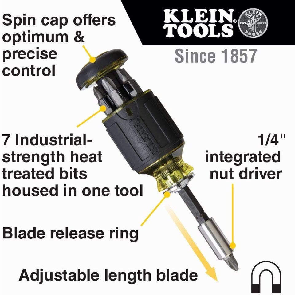 Klein Tools 8-in-1 Adjustable Length Stubby Screwdriver Impact Rated 32308