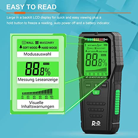 R&D Pinless Wood Moisture Meter Digital Moisture Detector Humidity Tester LCD 3 Color LED Bar