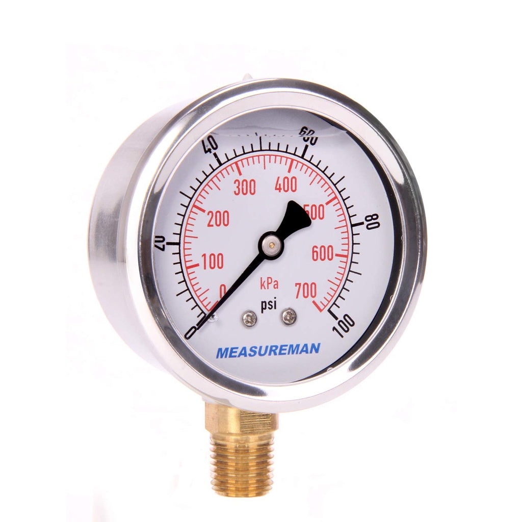 MEASUREMAN 2-1/2" Dial Size, Glycerin Filled Pressure Gauge Stainless Steel Case 1/4" NPT