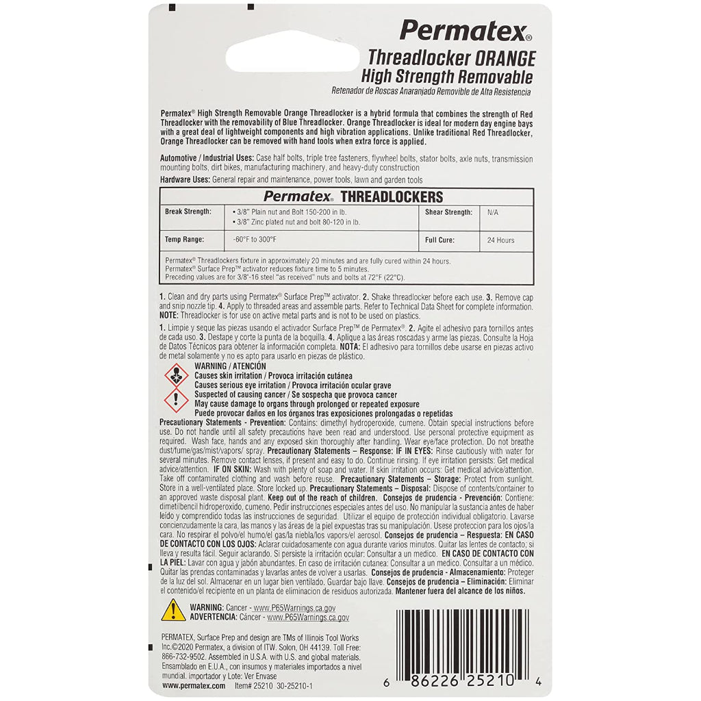 Permatex Threadlocker High Strength Removable Orange 25210 10ml