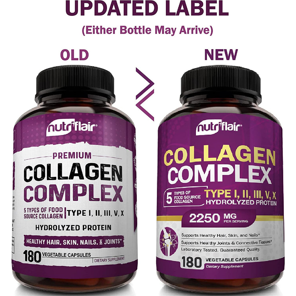 Nutriflair Collagen Complex Hydrolyzed Protein Multi Collagen Peptides 180 Vegetable Capsules
