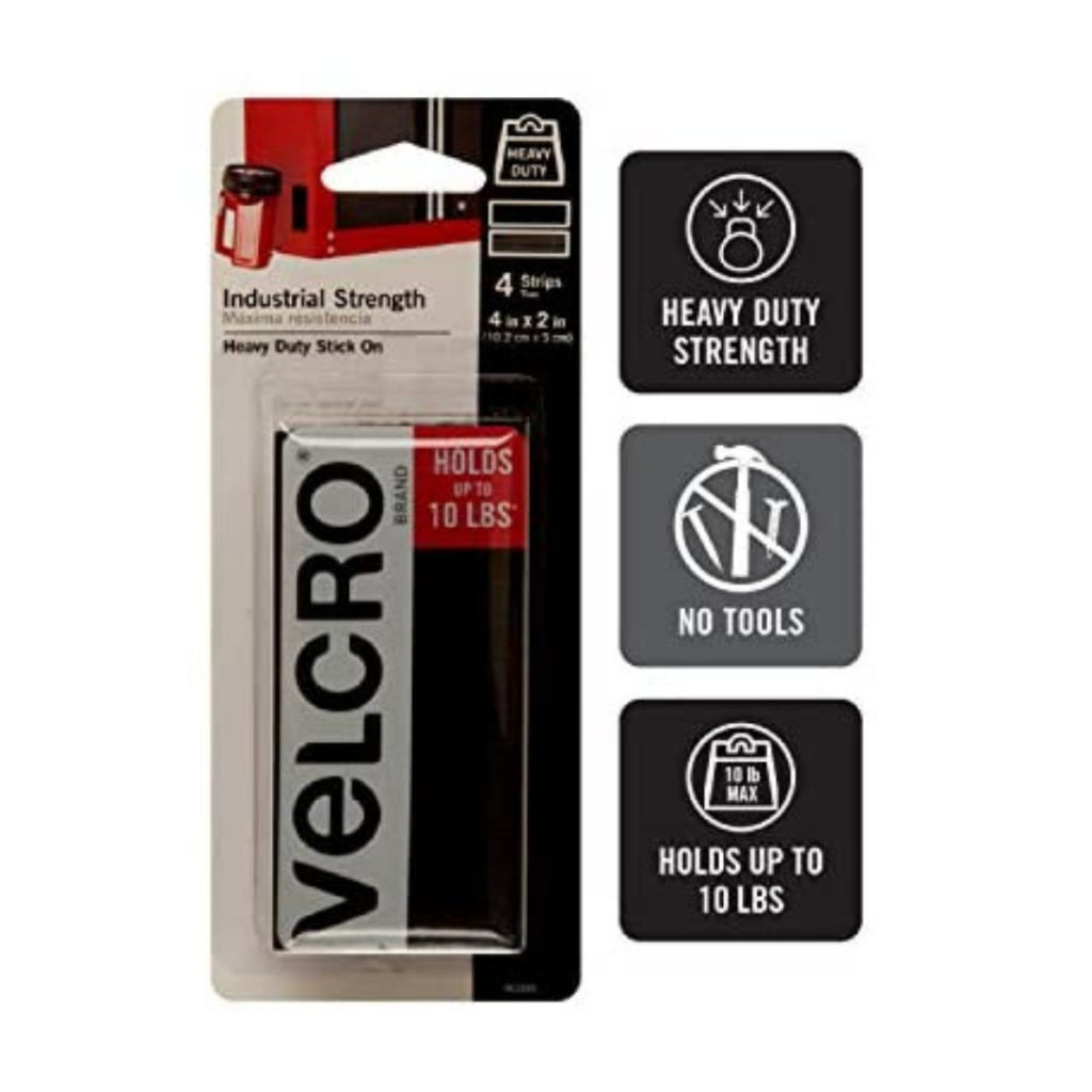 Velcro Industrial Strength Heavy Duty Stick On Holds Up To 10lbs 4 x 2 Inch Black - 4 Strips