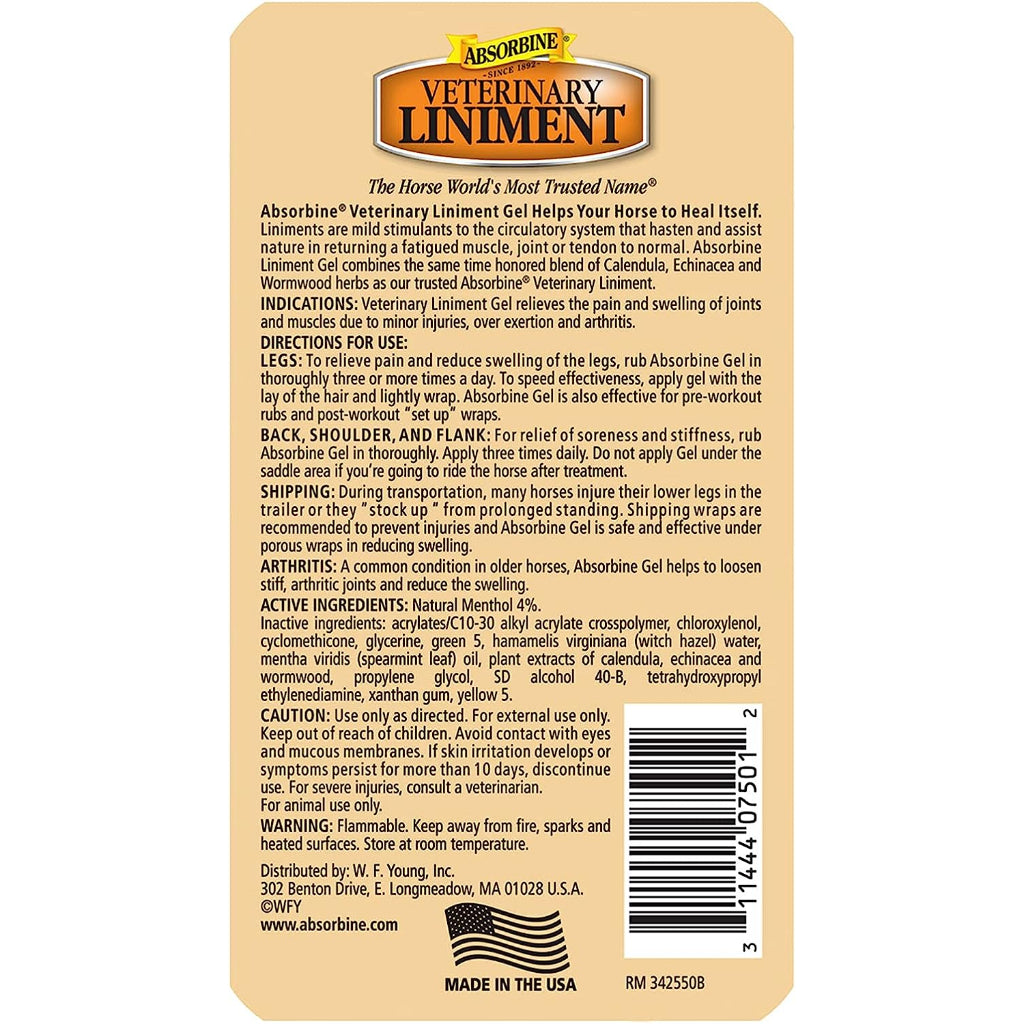 Absorbine Veterinary Liniment Topical Analgesic for Sore Muscle & Joint Spearmint Herbal Gel - 340g