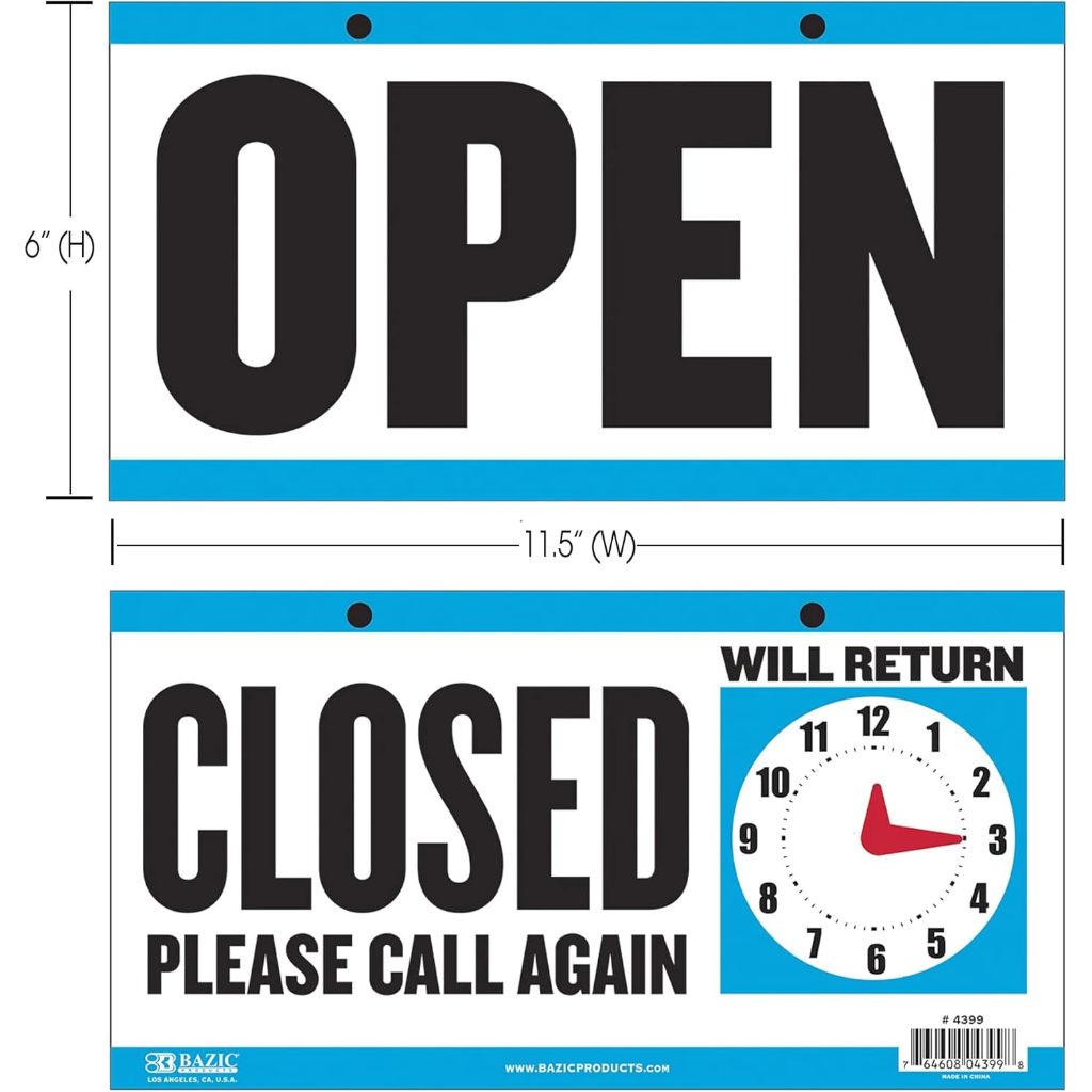 Bazic Products Double Sided Open/Close Sign With Clock Hands 6 x 11.5 inch, Blue