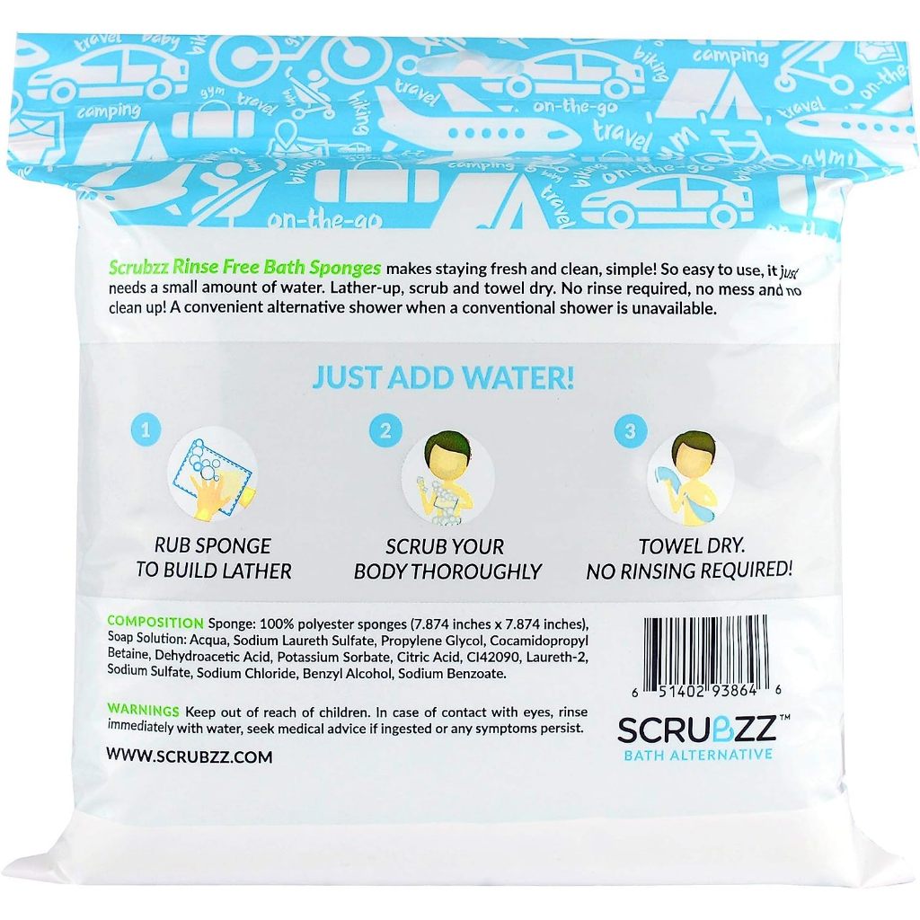 Scrubzz Bath Alternative Rinse Free Bath Sponges Just Add Water! 25pack