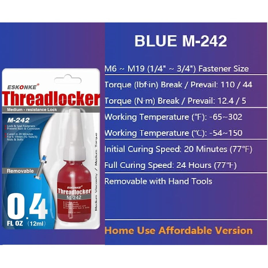 Eskonke Threadlocker M-242 Blue Medium Resistance Lock & Seal Fasteners Prevent Rust & Corrosion 0.4