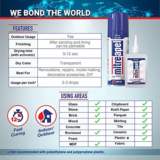 MitreApel Professional Instant Adhesive Activator 6.7 Oz (AC 200) with Cyanoacrylate 1.7 Oz (CA 50)