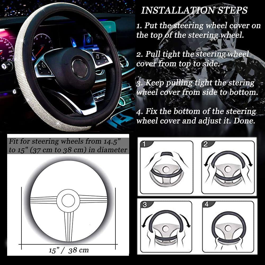 ChuLian New Diamond Leather 15 Inch Car Steering Wheel Cover With Crystal Rhinestones Black 1 Count