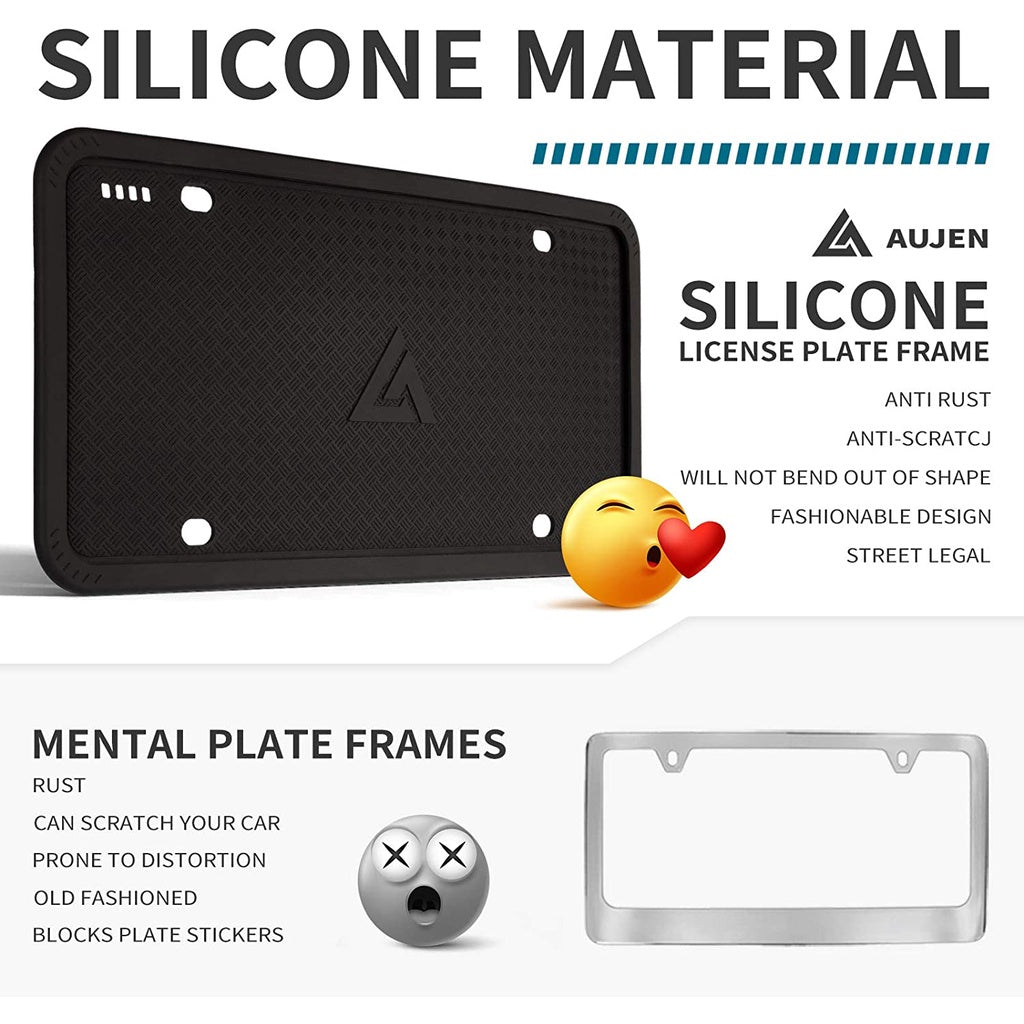 Aujen Silicone US Car License Plate Cover & Frame Rust - Proof Weather - Proof Black Pack Of 2