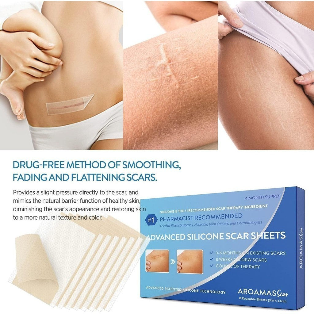Aroamas Scar Advanced Silicone Scar Sheets (3 inch x 1.6 inch) 8 Reusable Sheets