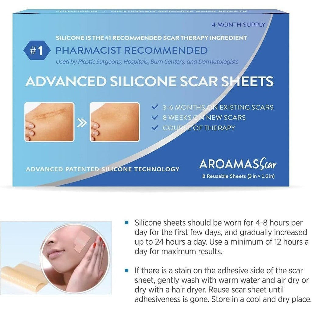Aroamas Scar Advanced Silicone Scar Sheets (3 inch x 1.6 inch) 8 Reusable Sheets