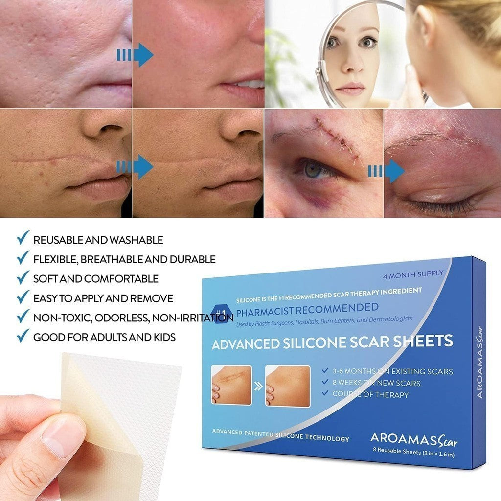 Aroamas Scar Advanced Silicone Scar Sheets (3 inch x 1.6 inch) 8 Reusable Sheets