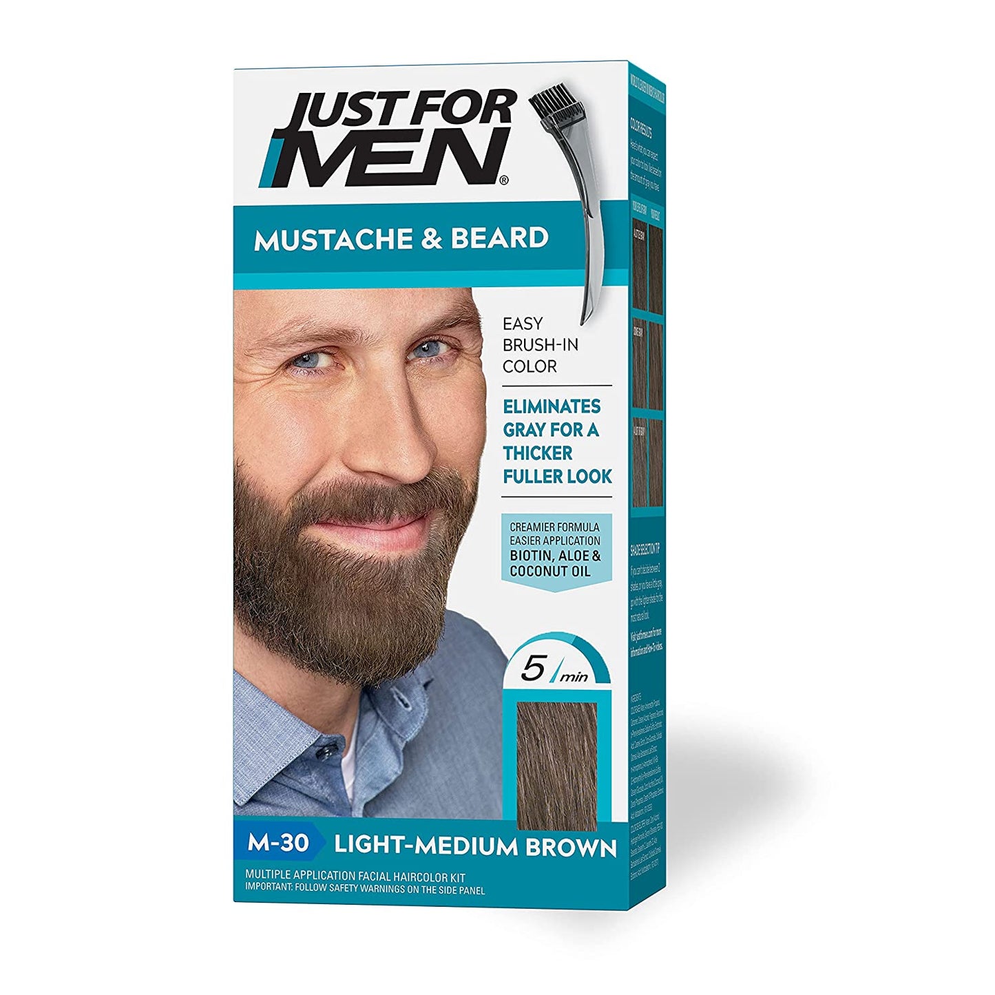 Just For Men Mustache & Beard Facial Haircolor Kit with Brush Included for Easy Application with Biotin, Aloe & Coconut Oil