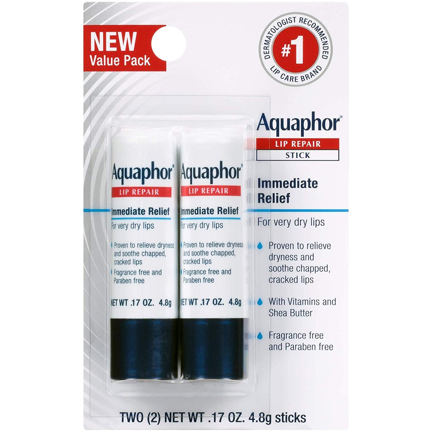 Aquaphor Lip Repair Stick, Soothes Dry Chapped Lips .17 oz (Pack of 2)