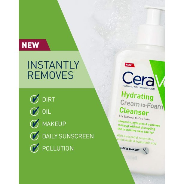 CeraVe Hydrating Cream-To-Foam Cleanser For Normal To Dry Skin Removes Makeup 12 Fl Oz (355ml)
