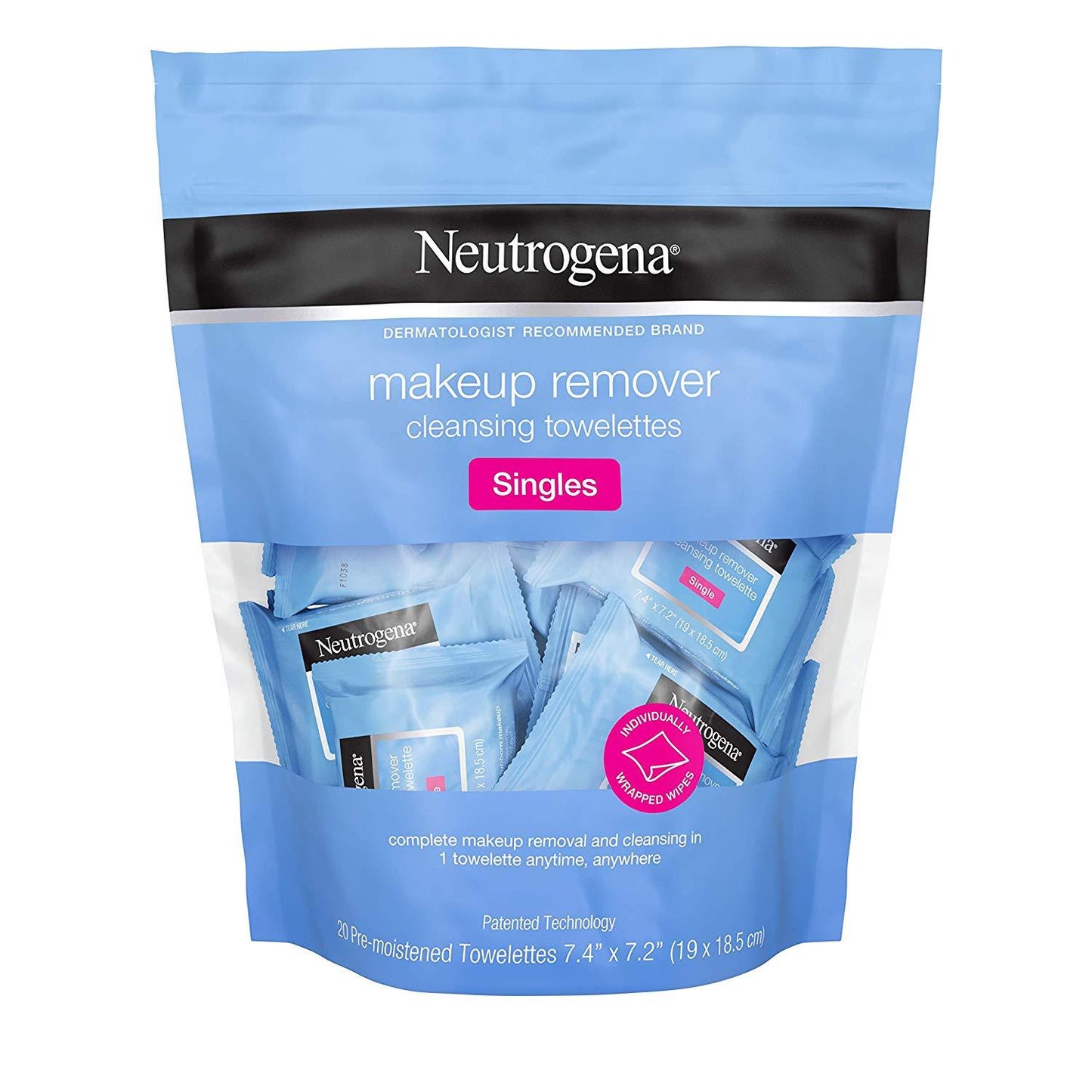 Neutrogena Makeup Remover Cleansing Towelette Singles, Daily Face Wipes To Remove Dirt, Oil, Makeup & Waterproof Mascara, Individually Wrapped, 20 Ct