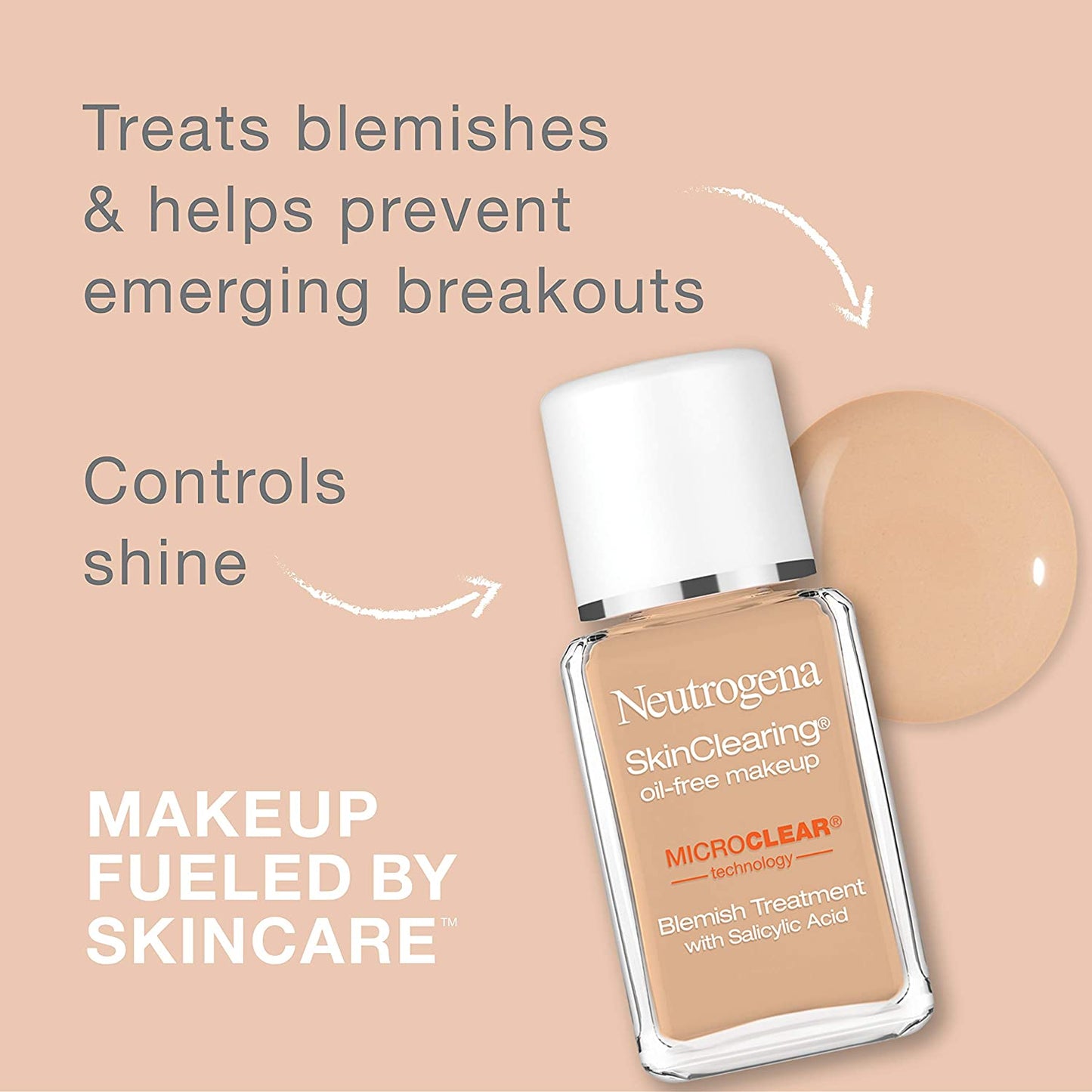 Neutrogena SkinClearing Oil-Free Makeup Liquid Foundation Blemish Treatment with Salicylic Acid in 20 Natural Ivory, 1 fl.oz / 30 ml