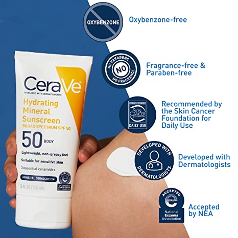 CeraVe Body Suitable For Sensitive Skin Hydrating Mineral Sunscreen Broad Spectrum SPF50 5 Oz (150ml)