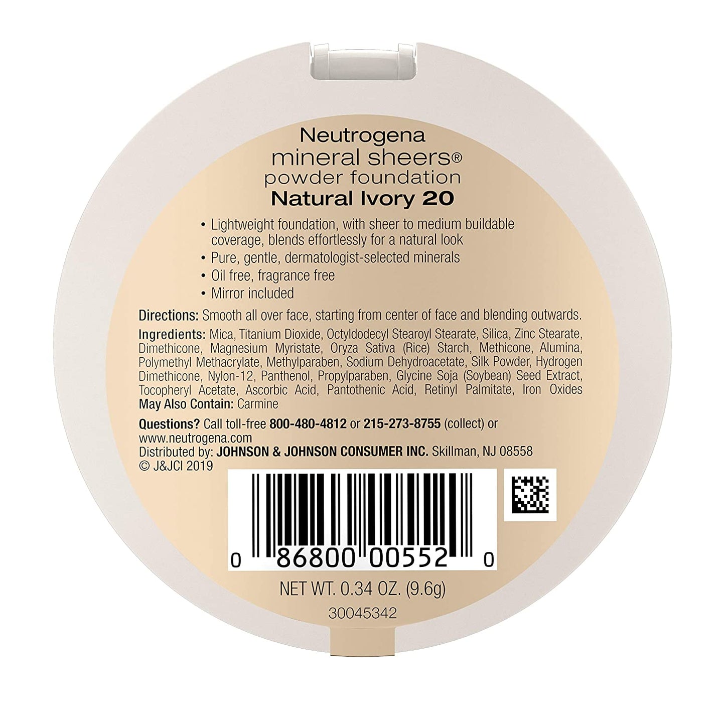 Neutrogena Mineral Sheers Compact Powder Foundation in Natural Ivory 20, 0.34 oz. / 9.6 g (Lightweight & Oil-Free Mineral Foundation)